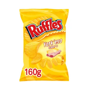 RUFFLES Patatas fritas onduladas con sabor a jamón York y queso RUFFLES York"eso bolsa de 160 g.