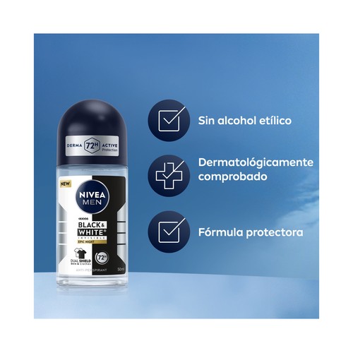 NIVEA Men black & white invisible epic night Desodorante roll on para hombre, antitranspirante 72 horas 50 ml.