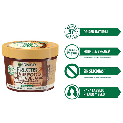 FRUCTIS Mascarilla extra nutritiva con manteca de cacao, para cabello rizado, seco FRUCTIS Hair food de Garnier 390 ml.