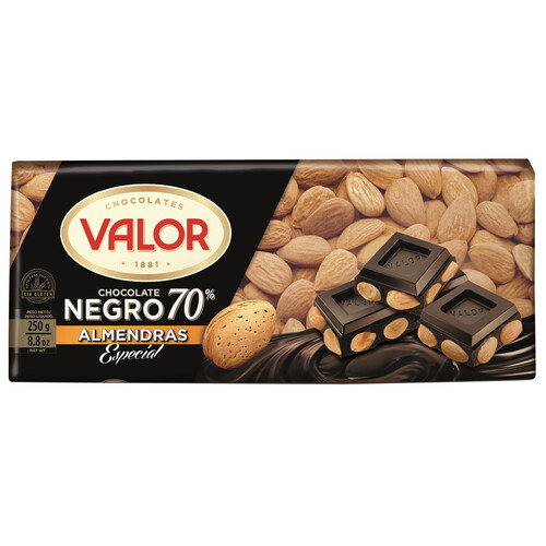VALOR Chocolate negro 70% cacao con almendras enteras especial 250 g.