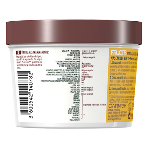 FRUCTIS Mascarilla capilar alisante, con macadamia para cabello seco y rebelde FRUCTIS Hair food de Garnier 390 ml.