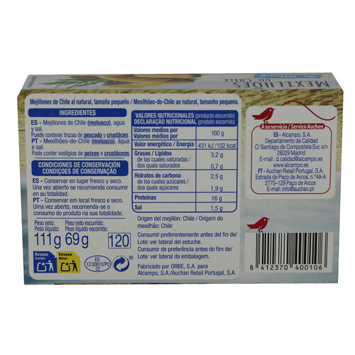 PRODUCTO ALCAMPO Mejillones al natural lata de 68 g.