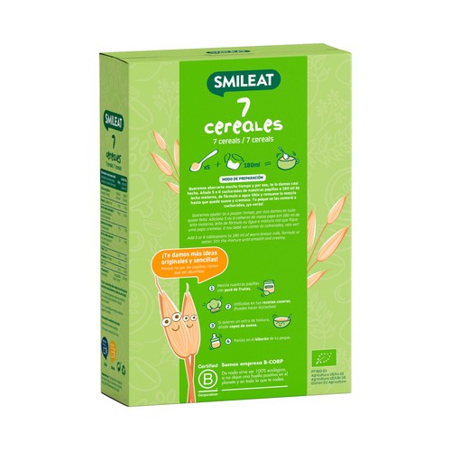 SMILEAT Papilla en polvo con 7 cereales ecológicos, sin azúcares añadidos, a partir de 6 meses 200 g.