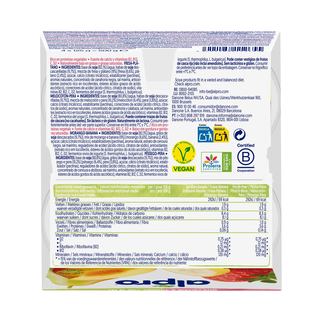 Especialidad de soja fermentada con fresa y plátano (2) o pera y melocotón (2) 4 x 125 g.