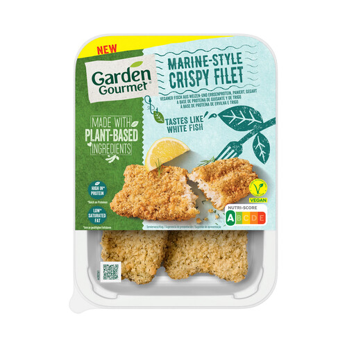 GARDEN GOURMET Filete vegano tipo pescado, marinado y empanado a base de proteína de guisane y trigo.