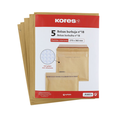 5 sobres de papel Kraft tamaño 370 x 360mm color marrón, con burbujas del número 18 KORES.