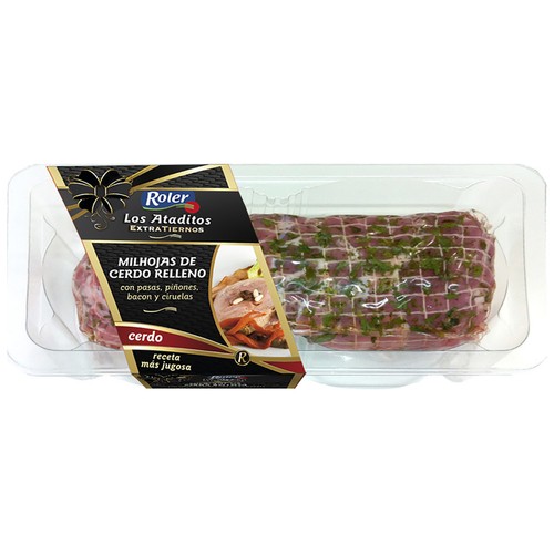Milhojas de cerdo relleno con pasas, piñones, bacon, pimiento y ciruelas ROLER Los ataditos 900 g.