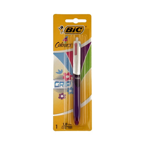 Bolígrafo retráctil roller, grip suave, punta media, grosor 1mm y tinta líquida BIC 4 colours grip.