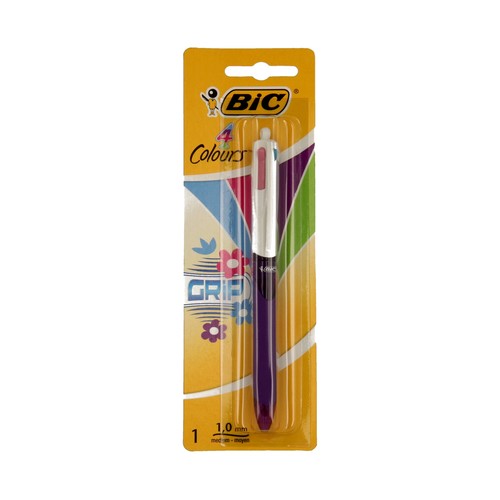 Bolígrafo retráctil roller, grip suave, punta media, grosor 1mm y tinta líquida BIC 4 colours grip.
