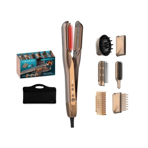 Plancha de pelo con flujo de aire CECOTEC 6 en 1 Itwerk Champagne, placas vibratorias, 6 accesorios, máximo 230ºC