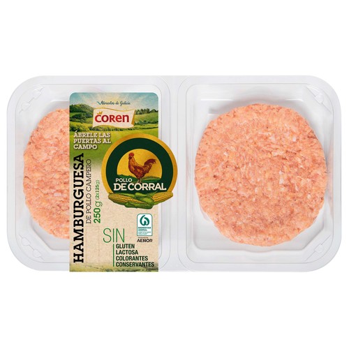 Bandeja de hamburguesas de pollo de corral COREN 2 x 125 g.