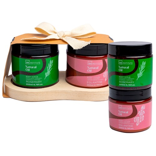 IDC INSTITUTE Natural oil Bandeja con exfoliante corporal y loción corporal 2 x 200 ml.