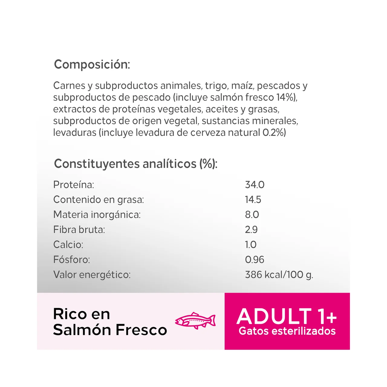 Adult 1+ Alimento para gatos esterilizados, a base de salmón fresco 1,4 kg.