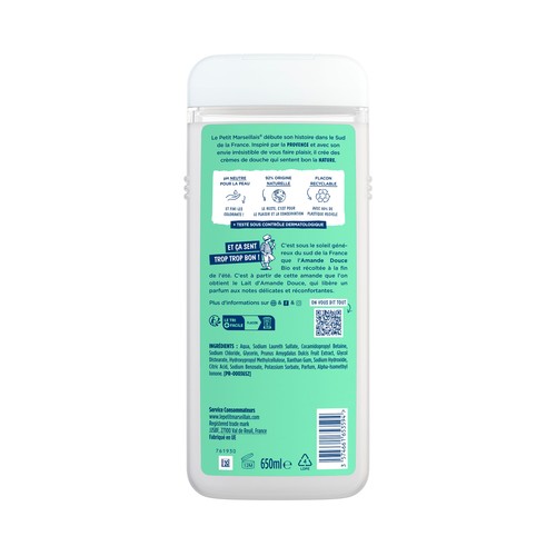 LE PETIT MARSEILIAIS Gel para baño o ducha extra suave con leche de almendras dulces bio, para pieles sensibles 650 ml.
