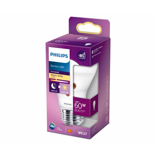 Bombilla Led E27, 7,5W=60W, luz cálida 2700K, sensor autoapagado, 806lm, PHILIPS.