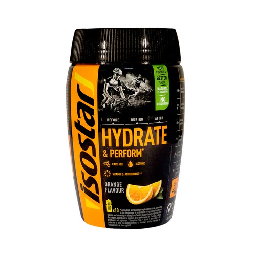 Bebida deportiva isotónica en polvo con sabor a naranja ISOSTAR Hydrate & Perform, 400 g.