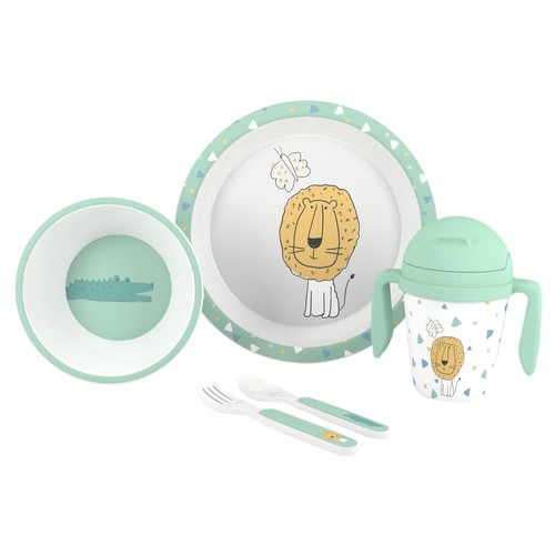 Vajilla de 5 piezas para bebé, apta para el microondas, INTERBABY Mint león.