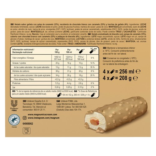 MAGNUM Helado sabor galleta con salsa de caramelo recubierto de chocolate blanco con caramelo y trocitos de galleta 4x64 ml.
