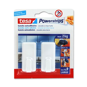 Imagen de 2 ganchos adhesivos blancos tamaño grande+4 tiras adhesivas TESA Powerstrip.