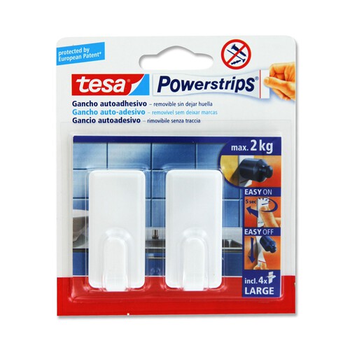 2 ganchos adhesivos blancos tamaño grande+4 tiras adhesivas TESA Powerstrip.