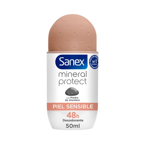 SANEX Mimeral protect Desodorante roll on para mujer con piedra de alumbre, pieles sensibles 50 ml.