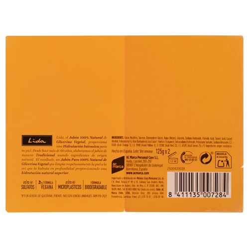 LIDA Pastilla de jabón 100% natural de glicerina de origen vegetal, para cara, manos y cuerpo 2 x 125 ml.
