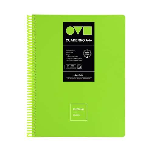 Cuaderno A4 120 hojas 90 gr 5x5 5 bandas Unequal Minimal surtido. GRAFOPLÁS