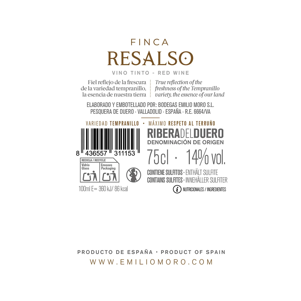 FINCA RESALSO de Emilio Moro  Vino tinto roble con D.O. Ribera del Duero botella 75 cl.