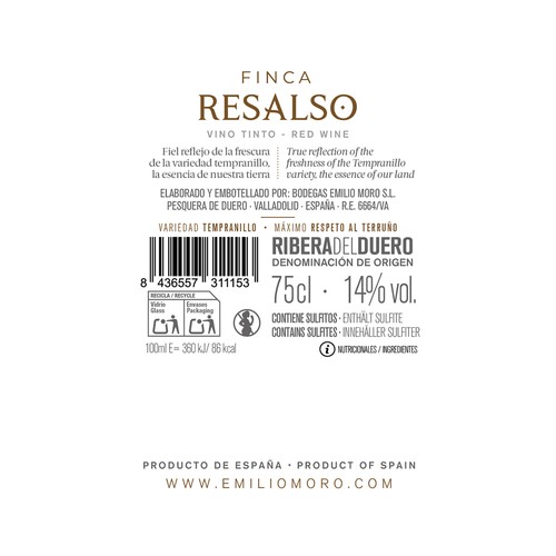 FINCA RESALSO de Emilio Moro  Vino tinto roble con D.O. Ribera del Duero botella 75 cl.