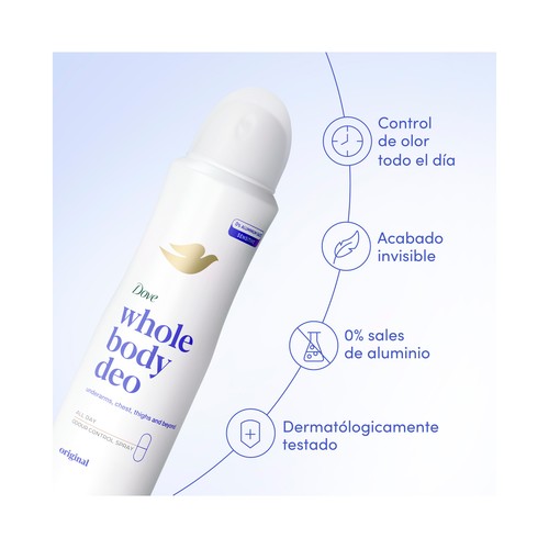 DOVE All over body original Desodorante en spray unisex para todo el cuerpo (axilas, pecho, muslos, pies..) 150 ml.