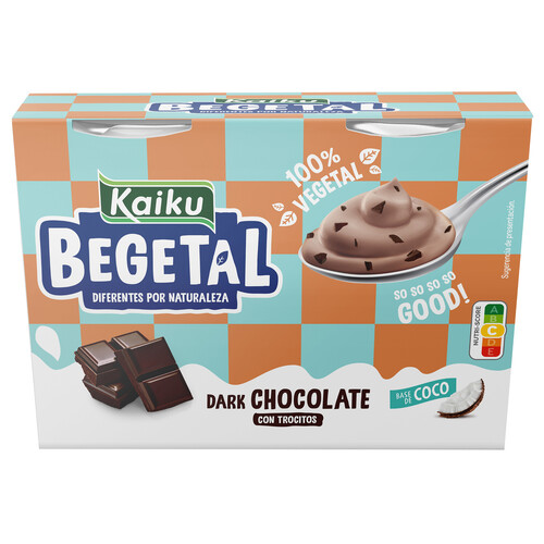 KAIKU Postre 100% vegetal a base de coco con trocitos de chocolate negro Begetal 4 x 80 g.