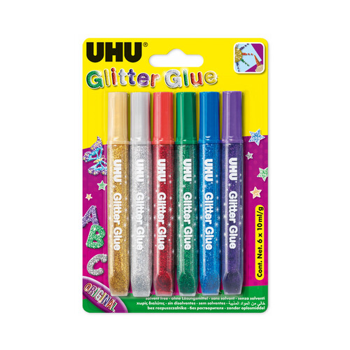 6 bolígrafos boquilla de precisión, pegamento líquido 10 g con purpurina, de varios colores UHU.