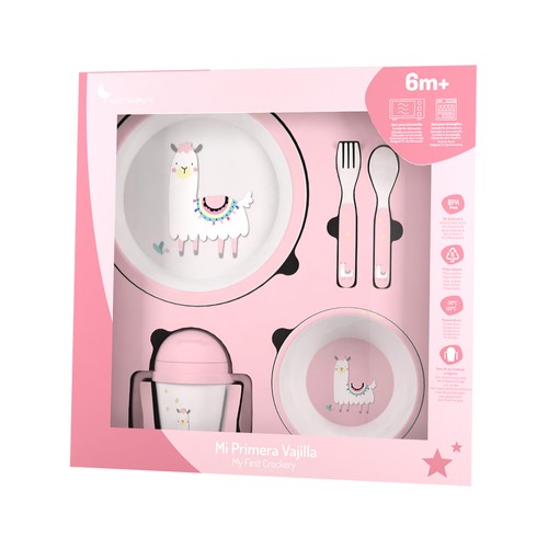 Vajilla de 5 piezas para bebé, apta para el microondas, INTERBABY Pink llama.
