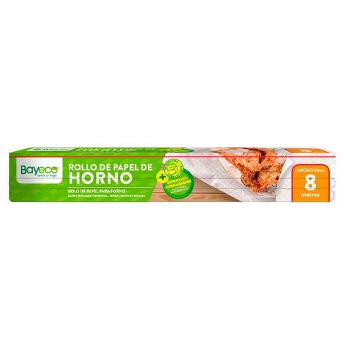 BAYECO Papel para horno con estructura antiadherente y sierra de corte en el estuche rollo 8m.