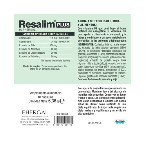 RESALIM Plus Complemento alimenticio que ayuda a metabolizar bebidas y alimentos 10 cápsulas.