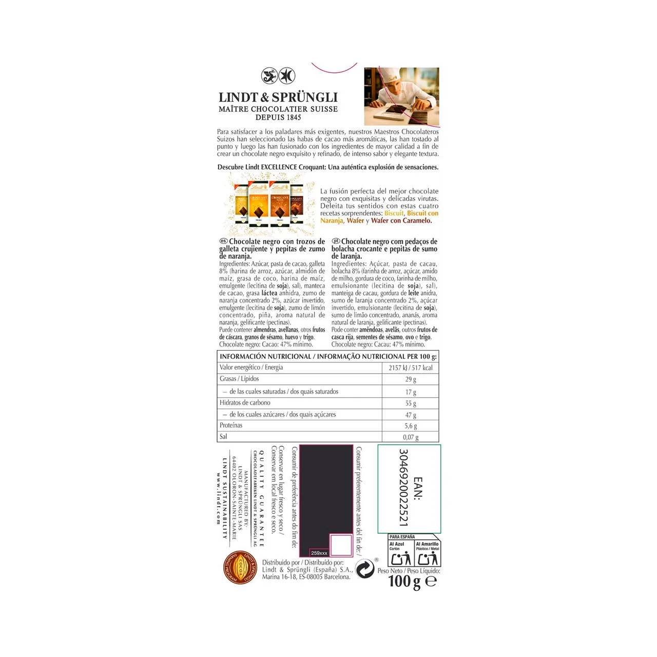 Chocolate excellence croquant naranja 100 gr.