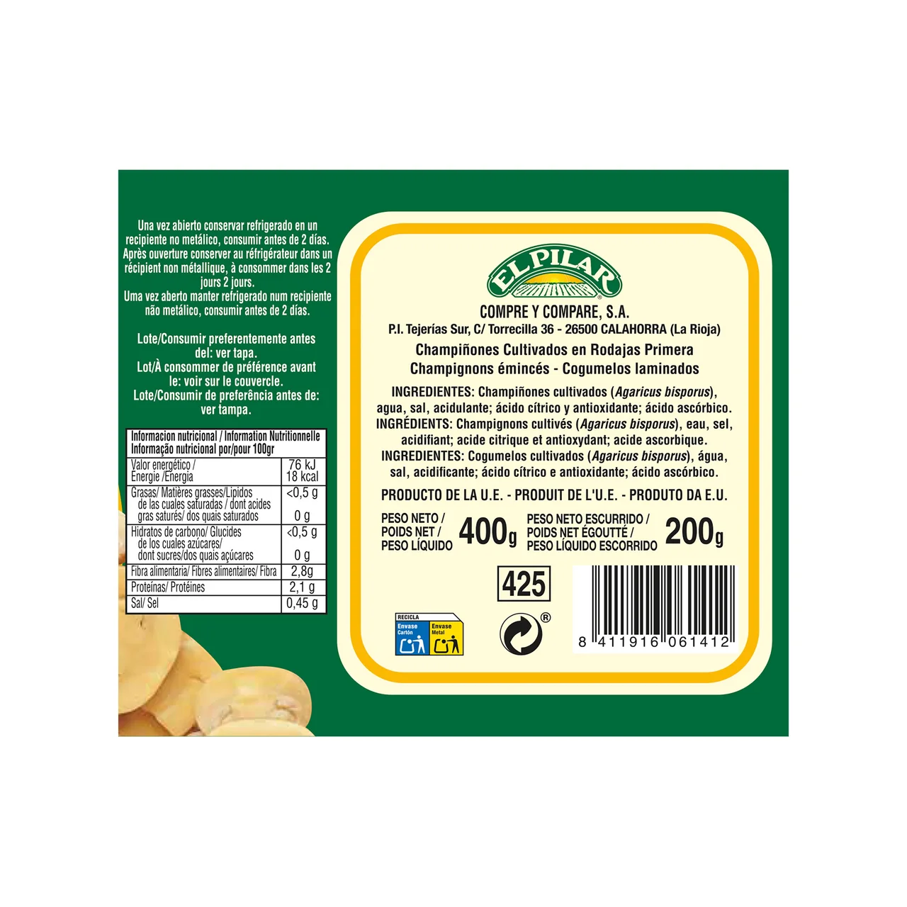 Champiñón laminado en lata 1/2 kg