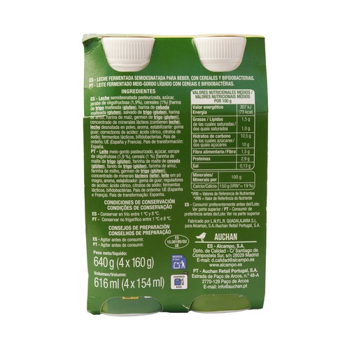 AUCHAN Leche fermentada con bífidus de cereales 4 x 154 ml Producto Alcampo.