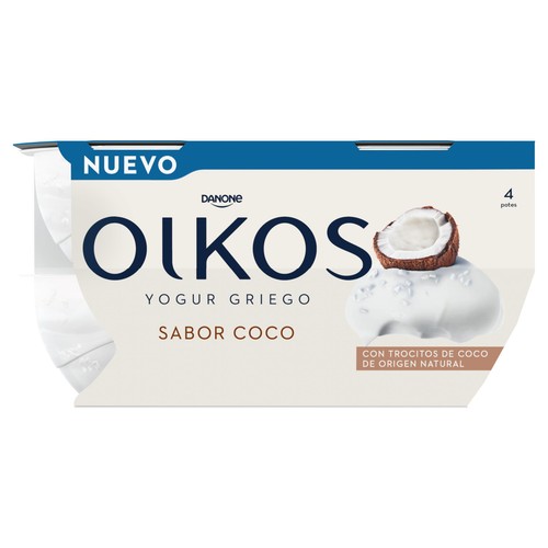 OIKOS Yogur griego con sabor y trocitos de coco de origen natural de Danone 4 x 110 g.