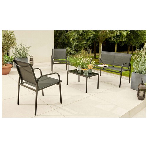 Conjunto 4 piezas con sofá, 2 sillas y mesa de acero y textileno color negro, GARDEN STAR ALCAMPO.