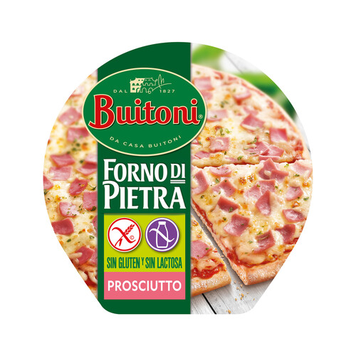 BUITONI Pizza congelada de jamón, elaborada sin gluten y sin lactosa Forno di piedra 365 g.