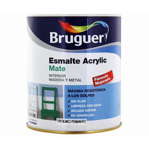 Bote de 0.75l. de esmalte acrílico decorativo de color blanco permanente con acabado mate BRUGUER.