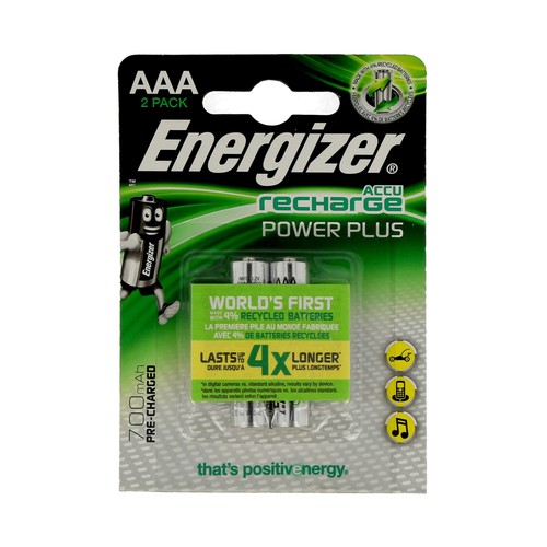 Pack de 2 pilas recargables AAA, Ni-MH, HR03, ENERGIZER Power plus, 700 mAh.