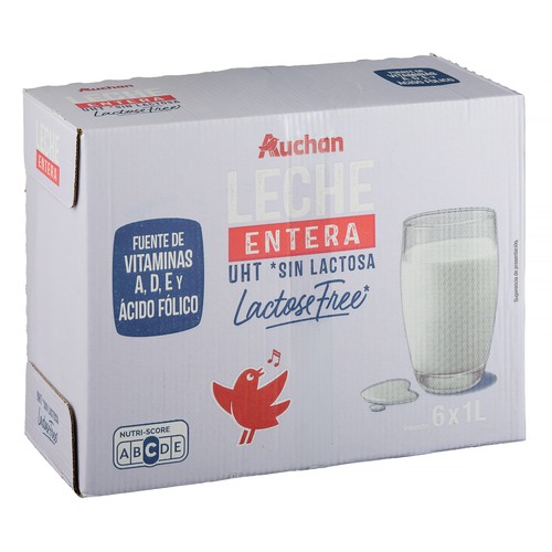 AUCHAN Leche entera de vaca sin lactosa 6 x 1 l Producto Alcampo.