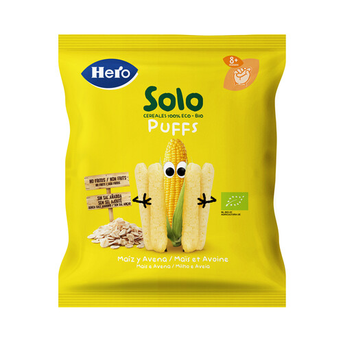 HERO Snacks infantiles no fritos y sin sal añadida. de maíz y avena ecológicas, a partir de 8 meses HERO Solo 25 g.
