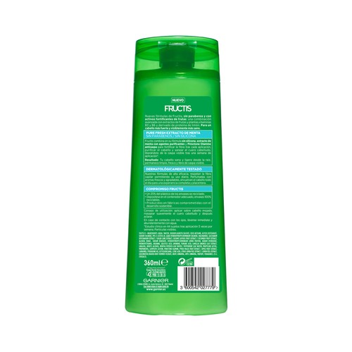 FRUCTIS Pure fresh de Garnier Champú anticaspa fortificante, sin parabenos ni siliconas, para cabello graso 360 ml.