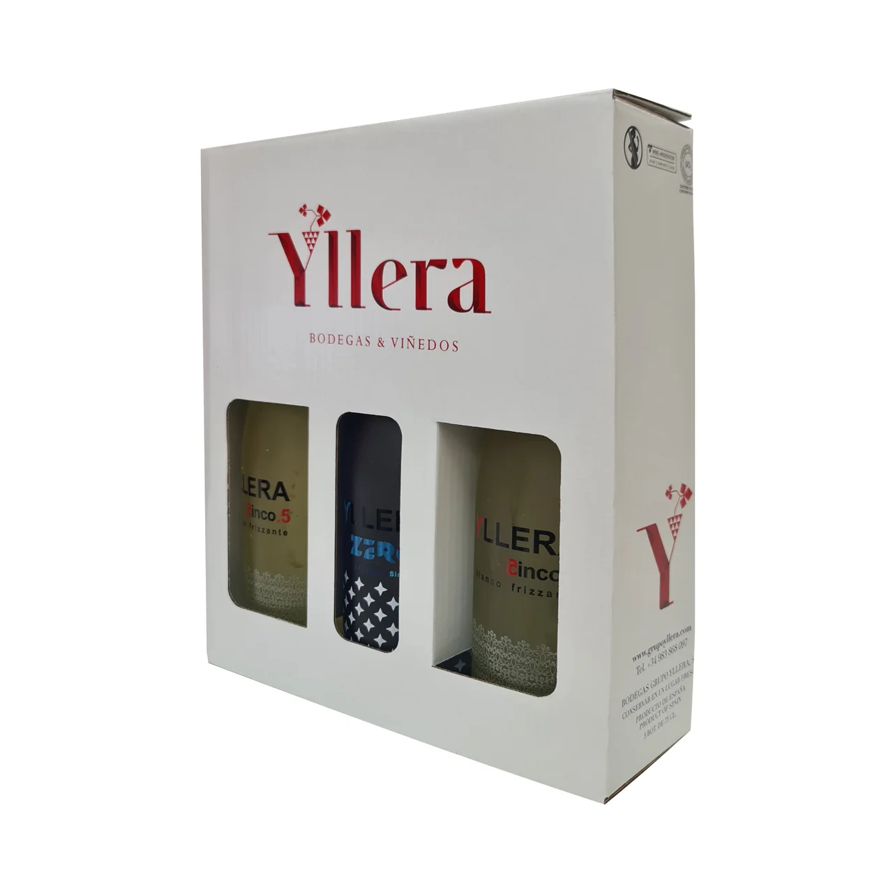 Estuche con 2 botellas de vino blanco frizzante y botella de vino blanco 0.0%.