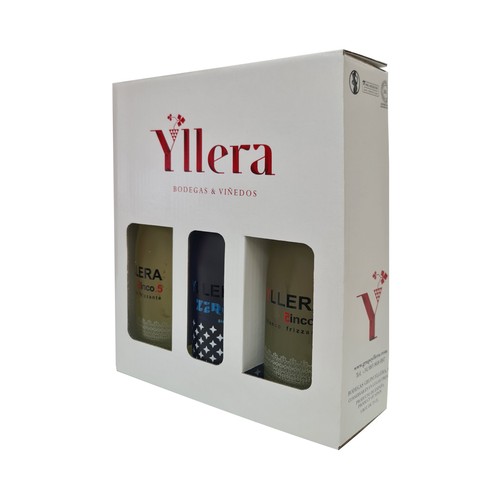 YLLERA Estuche con 2 botellas de vino blanco frizzante y botella de vino blanco 0.0%.