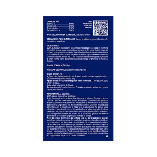 ZOTAL Desinfectante microbicida, fungicida y desodorante, perfume limón ZOTAL ZERO 500 ml.