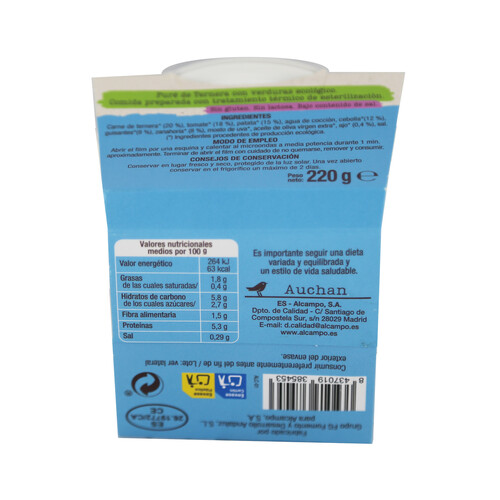 ALCAMPO ECOLÓGICO Plato ecológico de ternera con verduras gama Senior ALCAMPO ECOLÓGICO 220 gr.